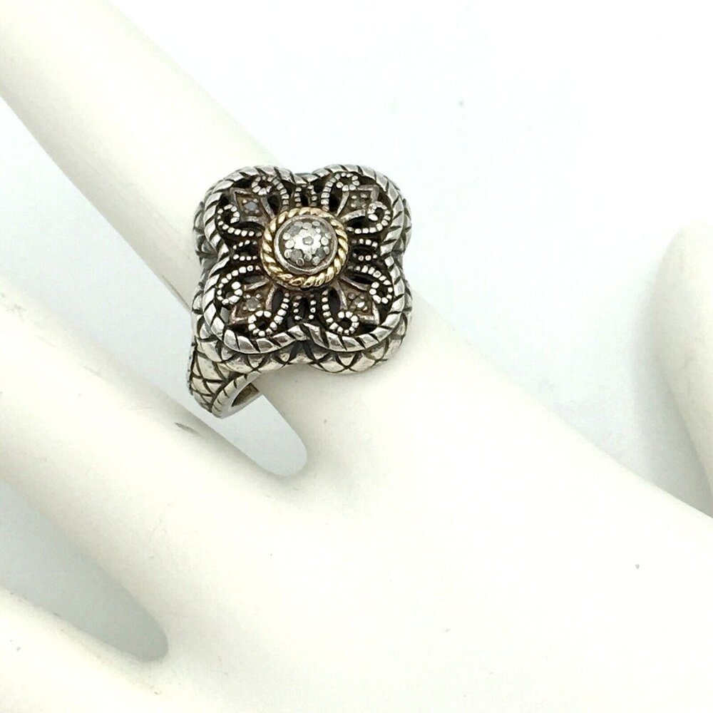 CHUCK CLEMENCY sterling silver filigree ring size 5.5 - diamond chips & 14K gold